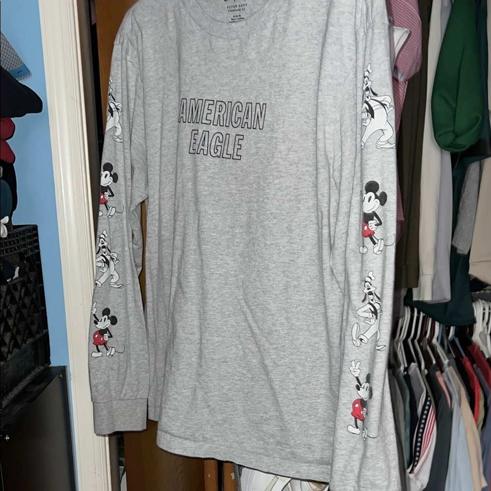 American Eagle Gray Long Sleeve Shirt with Mickey Mouse Design